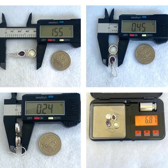 Sterling Silver 925 Pear Shaped Amethyst Hinged White Coin Pearl Dangle Earrings - Picture 10 of 16